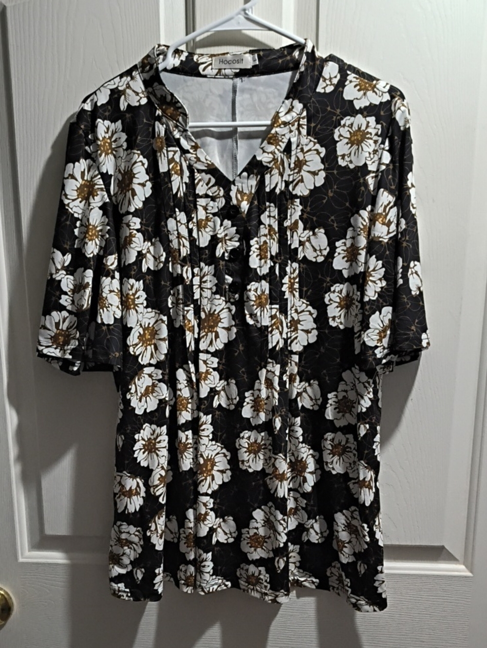 Black Floral Pintuck V-Neck Blouse